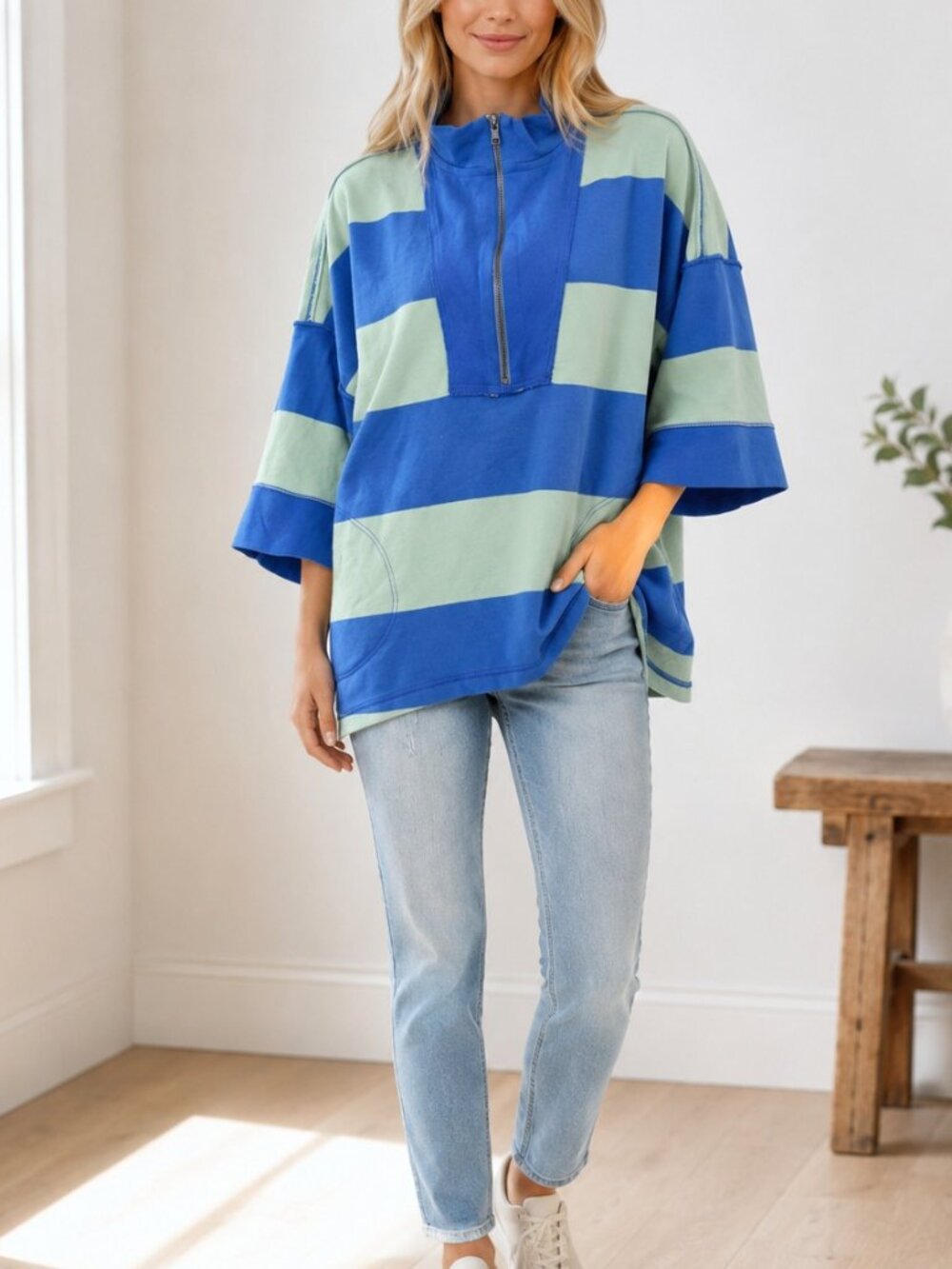 Free People We The Free Seaside Funnel Pullover Top Oversized Striped S 283967